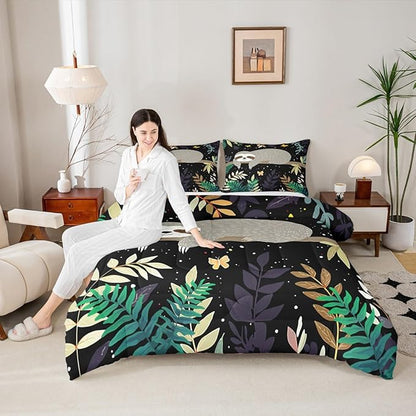 Feelyou Sloth Comforter Cute Sloth Bedding Set for Kids Boys Girls Galaxy Butterfly Comforter Set Botanical Leaves Inner Fill Duvet Set 1 Comforter Set with 2 Pillowcases King Size