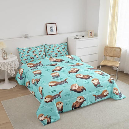 Otter Kids Comforter Set,Cute Cartoon Wild Animals Bedding Sets for Boys Girls Teens,Green Plants Water Bubbles Graffiti Quilted Comforter with 2 Pillowcases King Size 3 Pcs