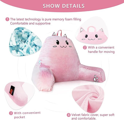 SUNSIDE Reading Pillow for Sitting in Bed, Cute Back Pillows for Adult, Shredded Memory Foam Bed Rest with Arms, Cat Design Bed Pillow, Relaxing, Watching TV, Gaming