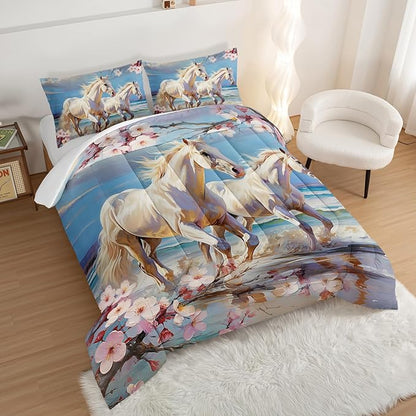 Western Farmhouse Horse Comforter Set,Pink Cherry Blossoms Bedding Sets for Kids Teens Girls Room Decoration,Coastal Beach Theme Bedding Full Size Comforter Sets for Girls with 2 Pillowcases.