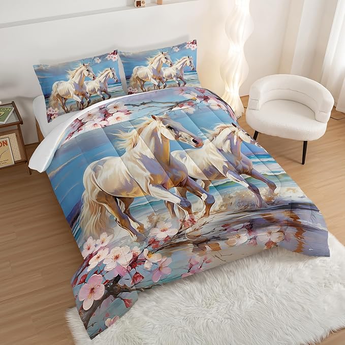 Western Farmhouse Horse Comforter Set,Pink Cherry Blossoms Bedding Sets for Kids Teens Girls Room Decoration,Coastal Beach Theme Bedding King Size Comforter Sets for Girls with 2 Pillowcases.
