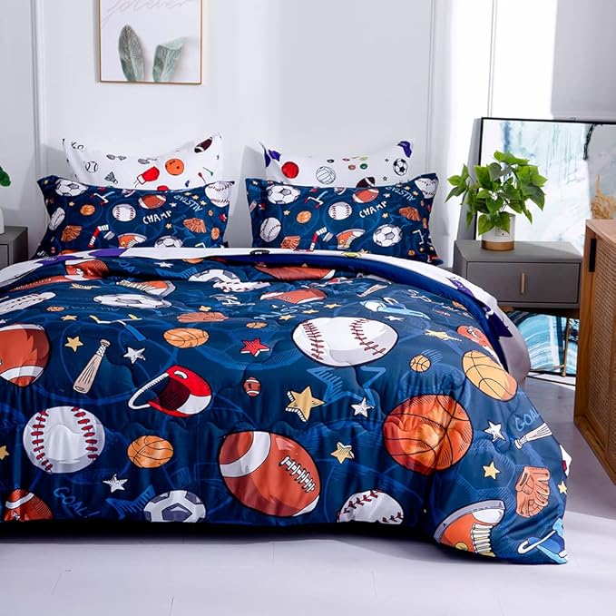 Wajade Sports Comforter Set - 7 Piece Queen Bedding with 3D Soccer, Basketball, Baseball, Football Design for Kids