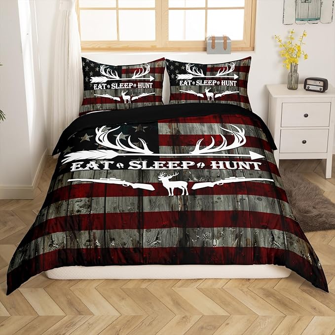 Eat Sleep Hunt Comforter Cover,Deer Antler and Arrow Print Duvet Cover for Girls Teens Bedroom Gift,Retro Stars Stripes American Flag Comforter Cover Decorative with 2 Pillowcases, Full Size