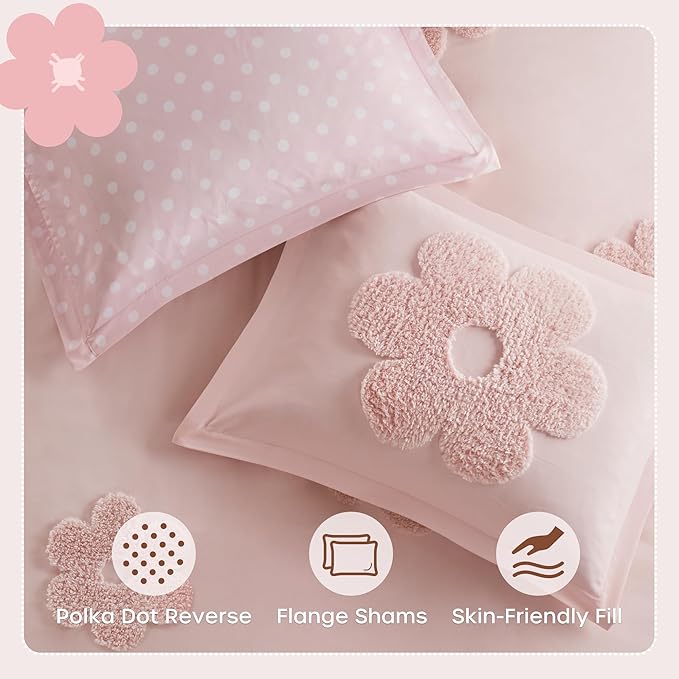 Intelligent Design Kids Queen Duvet Cover Set for Girls, Tufted Chenille Floral Duvet Set Queen, Lightweight Polka Dot Duvet Reversible Bedding Cover, Sham, Pillow, Gracie, Full/Queen Pink 3 Piece