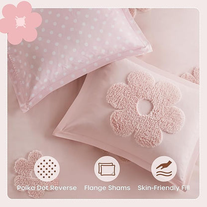 Intelligent Design Kids Queen Duvet Cover Set for Girls, Tufted Chenille Floral Duvet Set Queen, Lightweight Polka Dot Duvet Reversible Bedding Cover, Sham, Pillow, Gracie, Full/Queen Pink 3 Piece