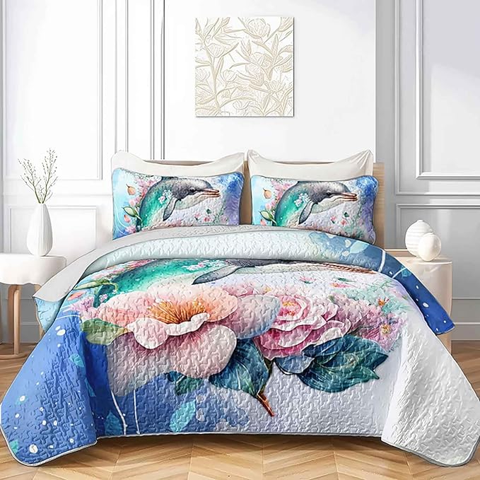 AILONEN Ocean Dolphin Quilt Set Twin Size Blue Pink Flower Bedspread Coverlet for Kids Girls Boys,1 Quilt with 2 Pillowcases,Cute Dolphin Bed Cover 3 Pieces