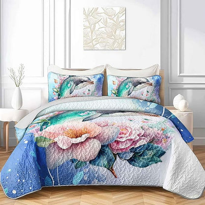 AILONEN Ocean Dolphin Quilt Set Twin Size Blue Pink Flower Bedspread Coverlet for Kids Girls Boys,1 Quilt with 2 Pillowcases,Cute Dolphin Bed Cover 3 Pieces