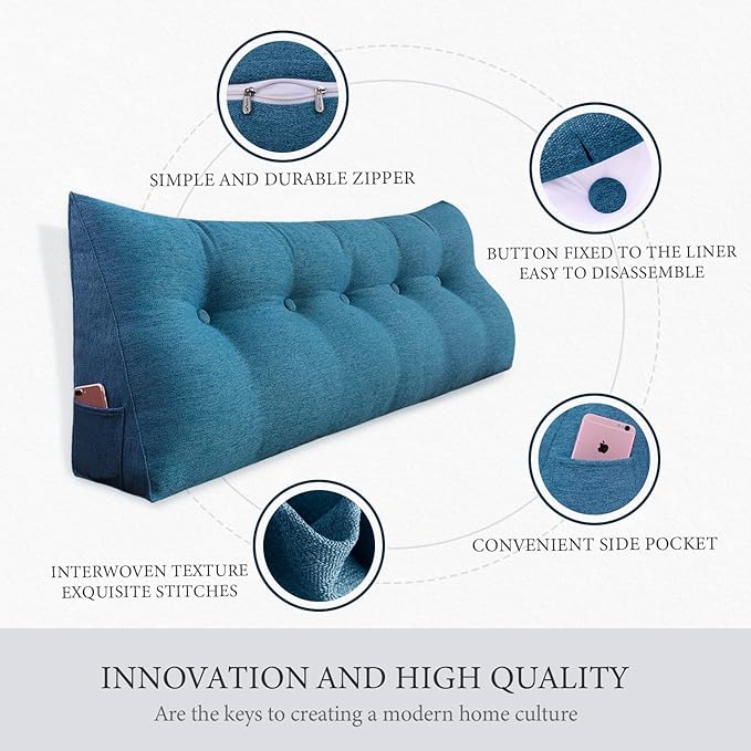 8 lbs Thickened Twin Headboard Pillow Wedge College Dorm Bed Pillow for Backrest Reading Triangular Pillow with Side Pocket for Sitting in Bed, Dorm Bedding Essentials for Girls & Boys Blue