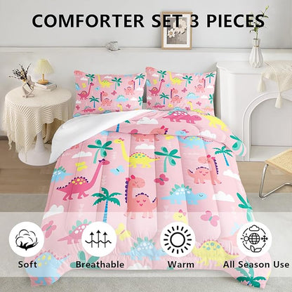 Axolotl Cute Dinosaur Comforter Set King,Colorful Dino Girls Bedding Set,Dinosaurs Animal Print Comforter,Botanical Palm Trees Bed,Butterfly Bedding for Kids Girls Teens,1 Quilt 2 Pillowcases,Pink