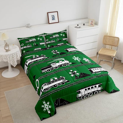 Erosebridal Boys Train King Comforter Set Cartoon Car Toddler Bedding, Traffic Transportation Track Bedding Comforter Sets Vintage Steam Engine Railway Decor Quilt Set Room 3Pcs, Green White Black