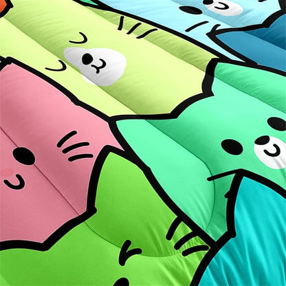 Cat Twin Comforter Set for Bedroom - 2Pcs Lovely Bedding Set Cute Cat Patterns for Girls Boys Kids Warm Soft Breathable Cats Comforter with 1 Pillowcase, Twin Size