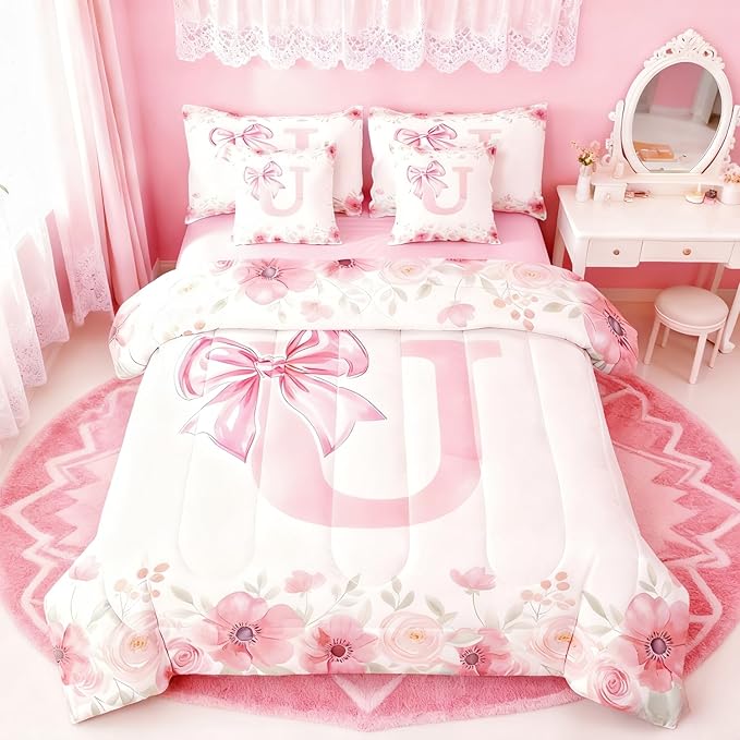 Erosebridal Letter U Bowknot Girls Bedding Sets Initial Letter U Bow Queen Bed in A Bag for Women, Flower Floral Dreamy Princess Style Bed Set Bedroom Decor Pink Chic Girly Comforter Set with Sheets