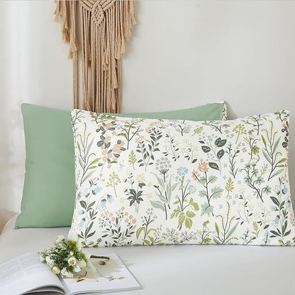 Green Botanical Floral Duvet Cover Set Full Size Reversible 3 Pieces Soft Microfiber Sage Green Comforter Cover with Zipper Ties for Men Women