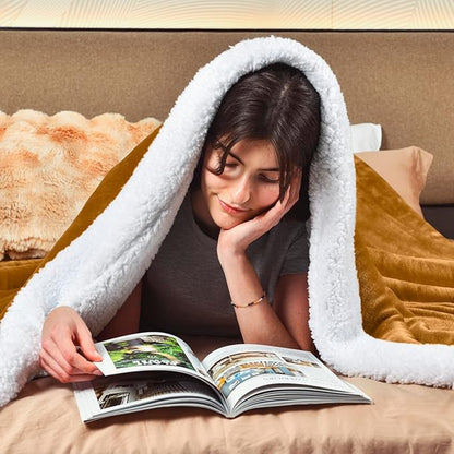 KAWAHOME Sherpa Fleece Queen Size Blanket for Bed - Extra Warm and Heavy Thick Blankets for Winter, Super Soft 500GSM Plush Blanket, 90"X 90" Ginger Yellow