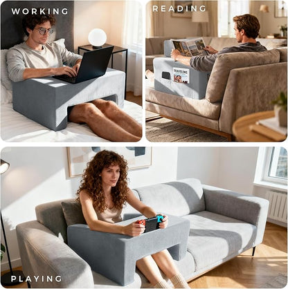 Reading Pillow for Gaming Lap Desk Pillow for Laptop with Cup Holder Pocket Foldable Memory Foam Bed Desk for Reading Working Crocheting Gaming Arm Rest on Bed/Sofa/Floor/Couch/Car(grey foldable)