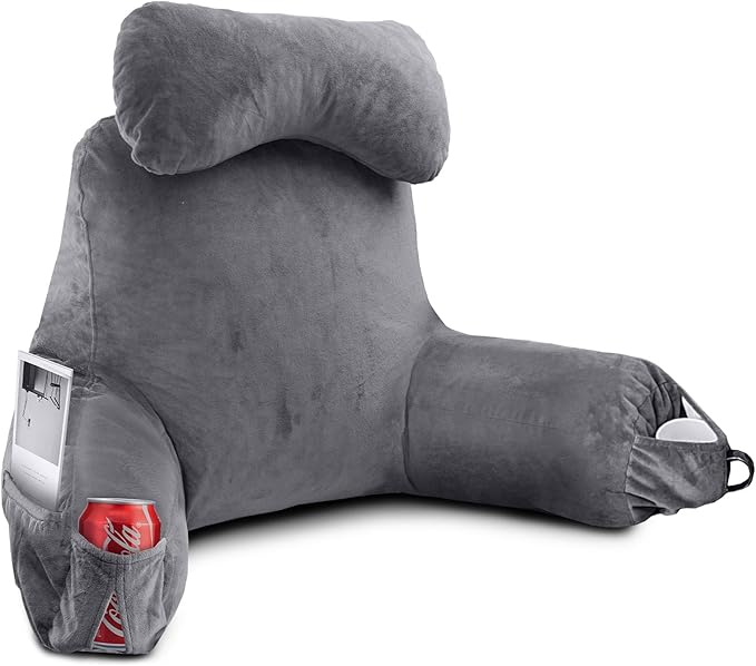 Reading Pillow for Sitting in Bed Adult, Bed Pillow with Shredded Memory Foam, 25''H Pillow with Detachable Neck Roll, Washable Cover, Back Pillow Sitting Up with Extend Arms, Gery