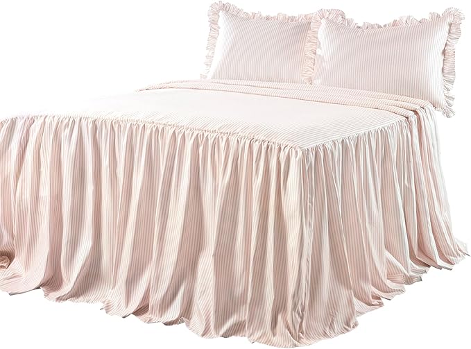 Lush Decor Ticking Stripe Bedspread Queen Size 3 Piece Set Blush - Ruffle Bedding Set Queen Bedspreads - Striped Bedding - Farmhouse & Coquette Decor