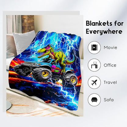 Dinosaur Blanket for Boys, Truck Blanket with Lightning, Truck Gifts for Kids Toddler, Fluffy Flannel Throw for Son Teens Adults, 60"x80"