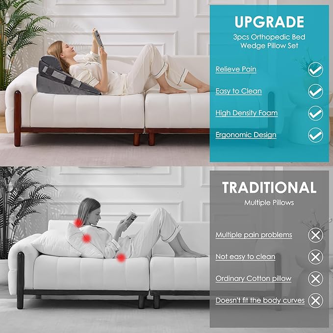 3Pcs Wedge Pillow Set for After Surgery,Acid Reflux Relief, Adjustable Bed Wedge Pillows for Sleeping,Anti Snore, Memory Foam Triangle Pillow for Back&Neck&Shoulder Pain Relief, Plush Grey