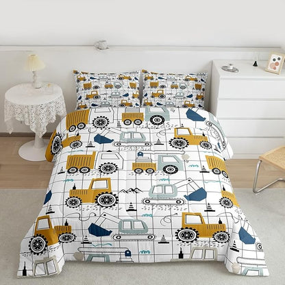 Feelyou Construction Comforter Set King Size Kids Excavator Tractor Toddler Comforter Cartoon Car Equipment Trucks Plaid Grid Comforter Set Construction Vehicles White Yellow Duvet Set