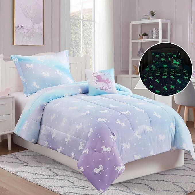 Twin Comforter Set for Girls-3 Pieces Unicorn Glow in The Dark Twin Bedding Sets for Kids,1 Comforter,1 Sham and 1 Decor Pillow