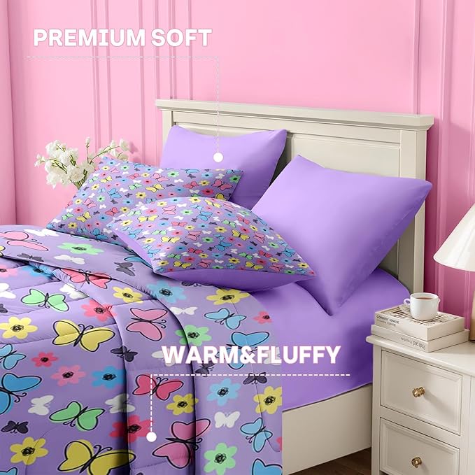 Nesker 5 Pcs Comforter Set Twin Size, Colorful Butterfly Bedding for Kids Teen, Cute Cartoon Flowers Bed Sheet with Pillowcase & Sham