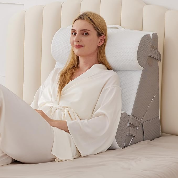 Orthopedic Bed Wedge Pillow Set 4Pcs, Adjustable Memory Foam Wedge Pillow, Pillow Wedges for Post Surgery, Back Pain Relief, Triangle Pillows for Acid Reflux, Snoring, GERD, White/Grey