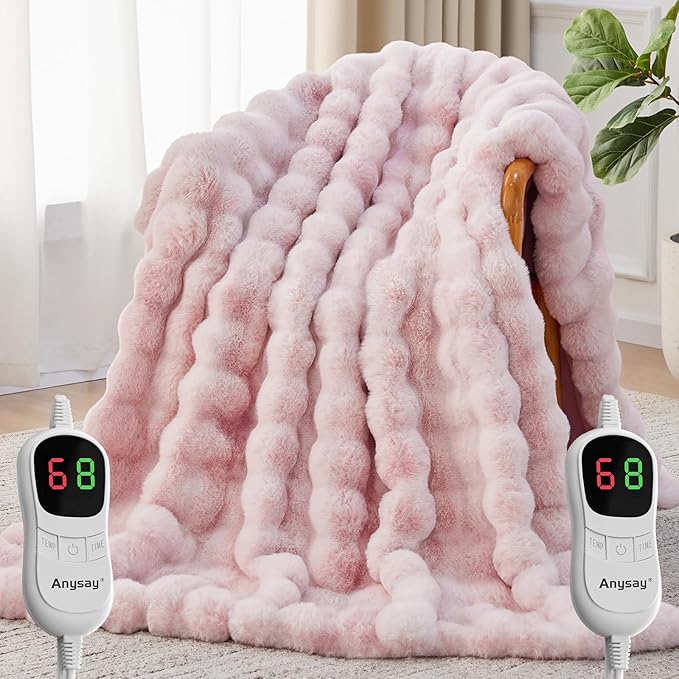 Heated Blanket Throw with 1/2/4/6/8 Hours Auto-Off 10 Heat Level, 90'' * 100'' Cozy Faux Rabbit Fur Bubble Electric Blanket with Overheat Protection(Tie-Dye Pink)