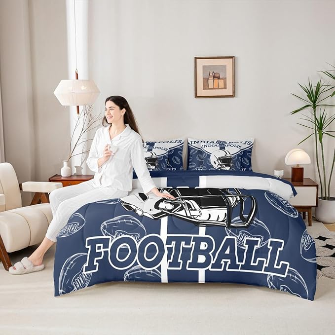 Feelyou Football Queen Comforter Set with Sheets for Kids Boys Girls Ball Games 7 Pieces Bedding Set Rugby Bed in a Bag City of Footballs Room Decor Rugby Sports Soft Lightweight