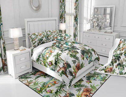 Colorful Dino Duvet Cover Queen Size,Dinosaur Cartoon Wild Animal Painting Duvet Cover Set for Children Adult,Green Leaves Tropical Botanical White Soft Comforter Cover for Dorm Room, Zipper, Ties