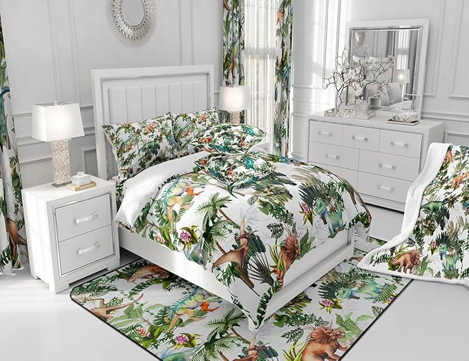 Colorful Dino Bedding Set King Size for Teens,Dinosaur Cartoon Wild Animal Painting Comforter Cover with 2 Pillowcases,Green Leaves Tropical Botanical White Duvet Cover Set Microfiber Quilt Cover