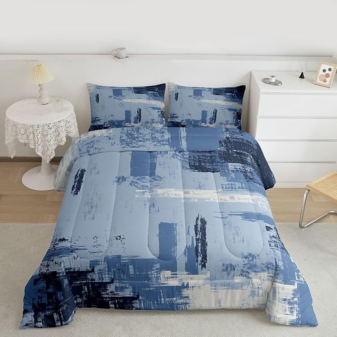 Feelyou Abstract Bedding Set Kids Modern Abstract Art Comforter Set Light Blue Black Comforter for Boys Room Decor Lightweight Duvet Set King Size with 2 Pillow Case