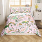 Cute Dino Kids Duvet Cover Set Queen Size,Kawaii Pink Green Dinosaur Polyester Bedding Set for Women Adult,Cartoon Wildlife Floral Leaves Plant Reversible Quilt Cover, 2 Pillowcases (NOT Comforter)