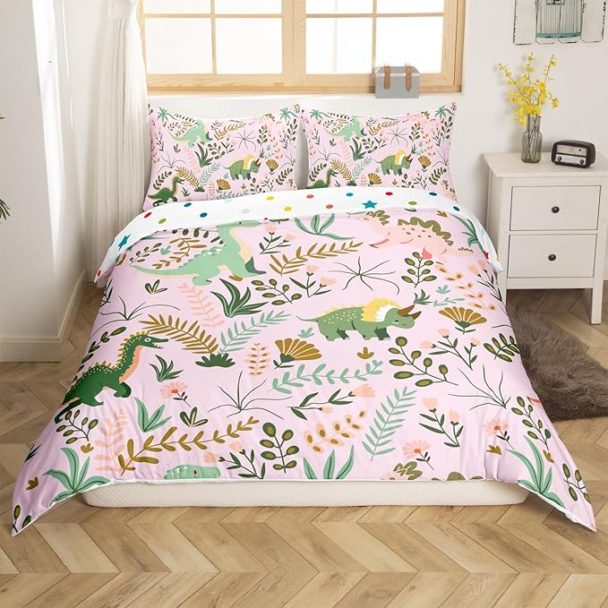 Lovely Dino Kids Full Size Reversible Duvet Cover Set,Kawaii Green Dinosaur Quilt Cover Bedroom Collection,Cartoon Wildlife Floral Leaves Plant Polyester Bedding Set for Girls,Pink (NOT Comforter)