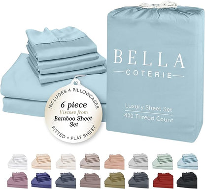 Bella Coterie 6 Piece Luxury Bamboo Viscose Split Top King Size Sheet Set | 34" Split for Adjustable Beds | 100% Organically Grown| Cooling | 18” Deep Pocket | 4 Pillowcases [Coastal Blue]