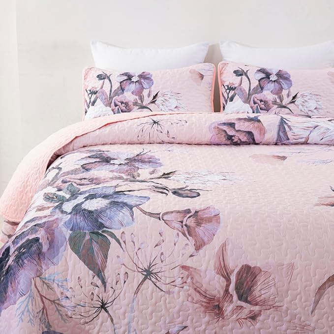 Floral Quilt Set King 3 Pieces Pink Floral Quilt Coverlet Set Soft Microfiber Lightweight Pink Quilted Bedspread for All Season 104"x90"