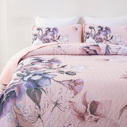 Floral Quilt Set King 3 Pieces Pink Floral Quilt Coverlet Set Soft Microfiber Lightweight Pink Quilted Bedspread for All Season 104"x90"