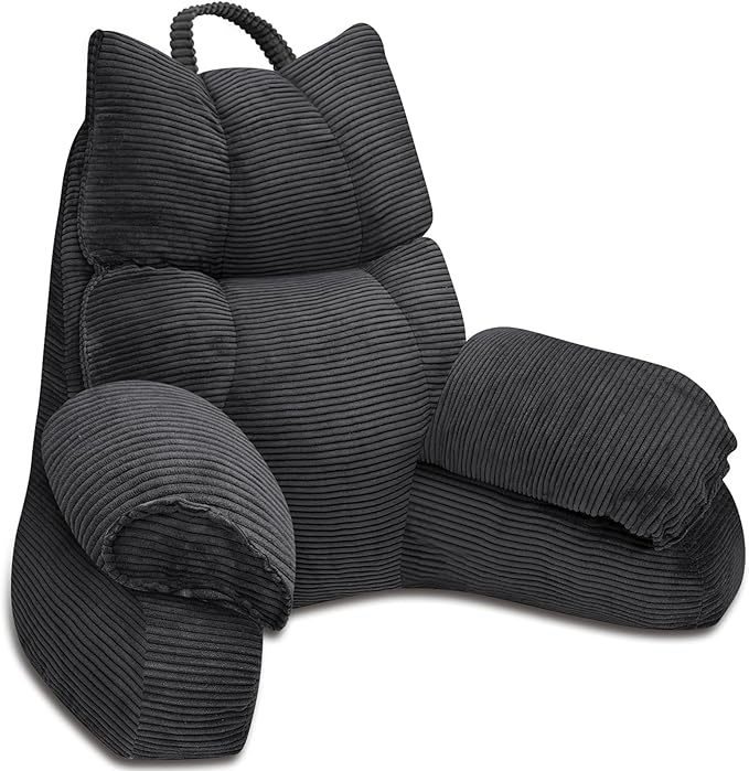 RRPAHWTV Reading Pillow for Bed with High Arm Rests ,Back Support Pillow for Sitting Up in Bed with Shredded Memory Foam for Reading, TV, Gaming or Relaxing on Floor（Grey Black, Large）