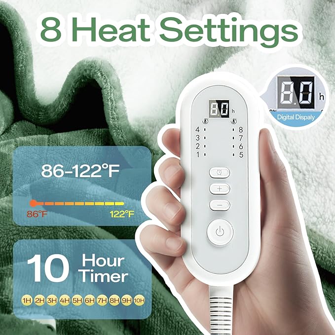 Electric Blanket Heated Twin Size-62" x 84" Heated Blanket with 8 Heat Levels & 10 Hours Auto Off, Fast Heating Flannel Blankets Machine Washable with ETL & FCC Certified, Green