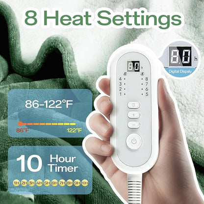 Electric Blanket Heated Twin Size-62" x 84" Heated Blanket with 8 Heat Levels & 10 Hours Auto Off, Fast Heating Flannel Blankets Machine Washable with ETL & FCC Certified, Green
