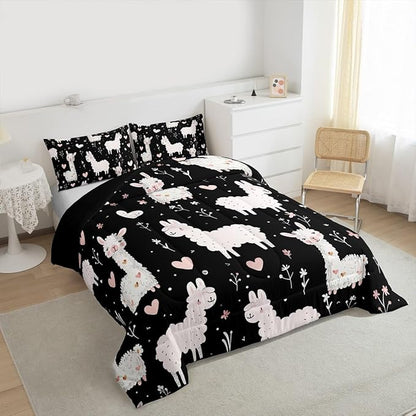 jejeloiu Cute Llama Comforter Set All Season Pink Love Heart Bedding Set with 2 Pillow Cases Floral Flower Microfiber Kids King Bedclothes Kawaii Animal Bedroom Decor Duvet Quilt Soft