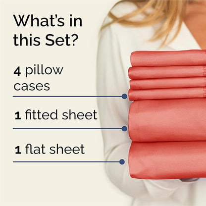 King Sheets Set 6 Piece - Includes 4 Pillowcases - Bed Sheets King Size - Soft Hotel Luxury Bedding - Cooling, Comfy, Fade Free & Breathable - 1 Flat & 1 Fitted & 4 Pillowcases w/ Deep Pockets - Coral