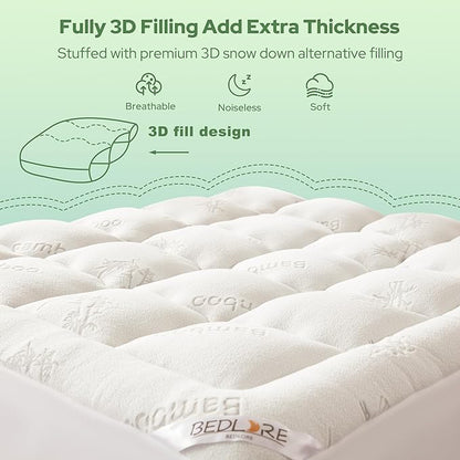BEDLORE Full Size Mattress Topper Viscose Derived from Bamboo, Thick Pillow Top Mattress Pad with Stretchable Pockets for 6-15 inches Mattress, Breathable Mattress Topper for Back Pain Relief
