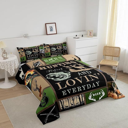 Feelyou Big Pike Fish Bedding Set Deer Comforter Set for Kids Teens Boys Fish and Hunt Duvet Set Antlers Fish Fishing Rod Inner Fill Comforter 1 Comforter Set with 2 Pillowcases Queen Size