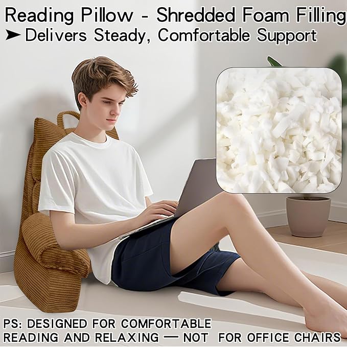 RRPAHWTV Reading Pillow for Bed with High Arm Rests,Back Support Pillow for Sitting Up in Bed with Shredded Memory Foam for Reading, TV, Gaming or Relaxing on Floor（Brown，Large）