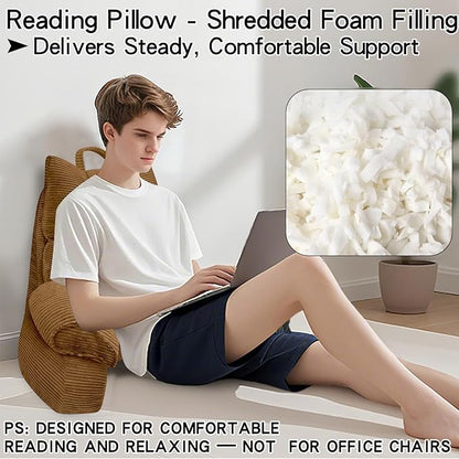 RRPAHWTV Reading Pillow for Bed with High Arm Rests,Back Support Pillow for Sitting Up in Bed with Shredded Memory Foam for Reading, TV, Gaming or Relaxing on Floor（Brown，Large）