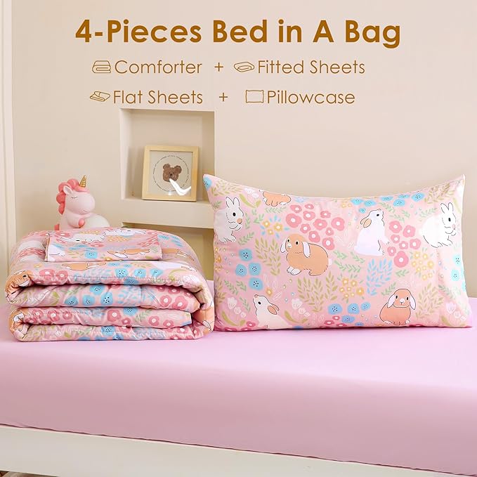 Toddler Comforter Set for Kids, Boys, Girls, 4 Pieces Bed-in-a-Bag Bedding Set, All Season Ultra Soft Sheets Set with Comforter, Cute Rabbit