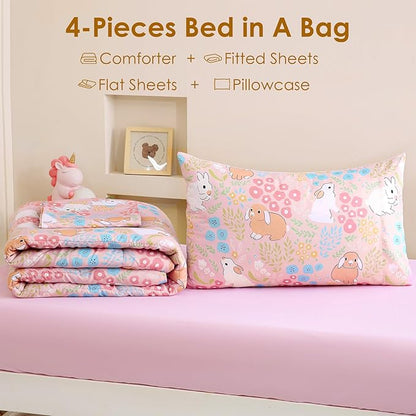 Toddler Comforter Set for Kids, Boys, Girls, 4 Pieces Bed-in-a-Bag Bedding Set, All Season Ultra Soft Sheets Set with Comforter, Cute Rabbit