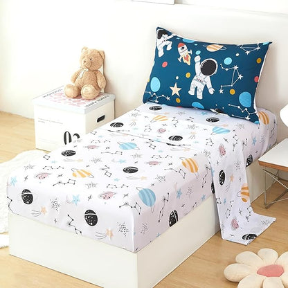 URBONUR 4-Piece Toddler Bedding Set for Boys Space Themed Rocket Astronaut Toddler Comforter Set with Sheets Soft Lightweight Perfect for Kids 2-6 Year Old Toddler Bed in a Bag