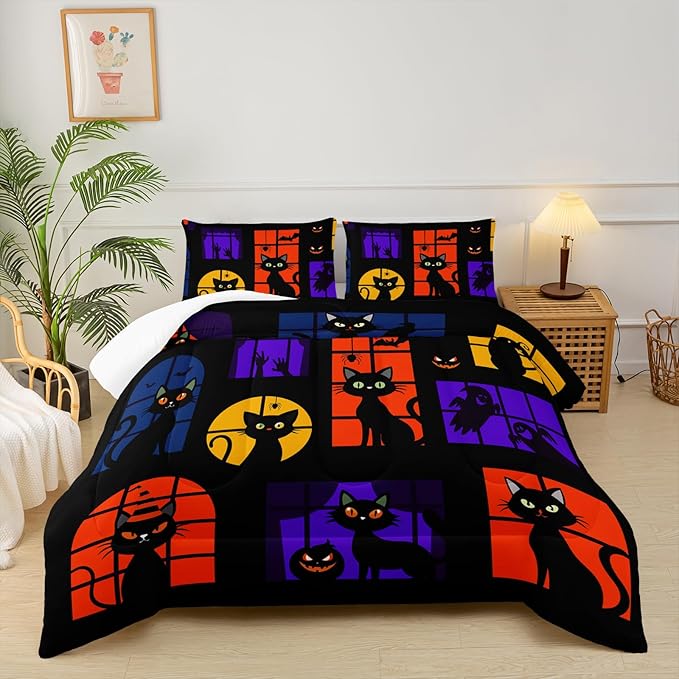 Halloween Black Cat Comforter Set Queen，Queen Size Halloween Bedding Set
